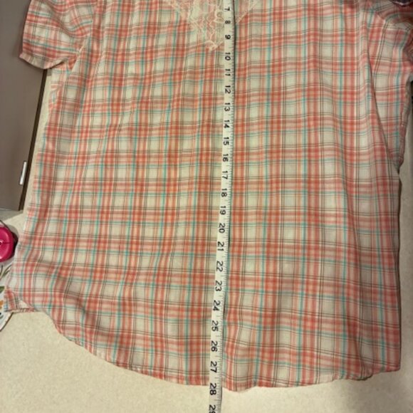 Wrangler Women's Peach Plaid Lace Pearl Snap Buttons Western Country Shirt XL - Picture 8 of 9